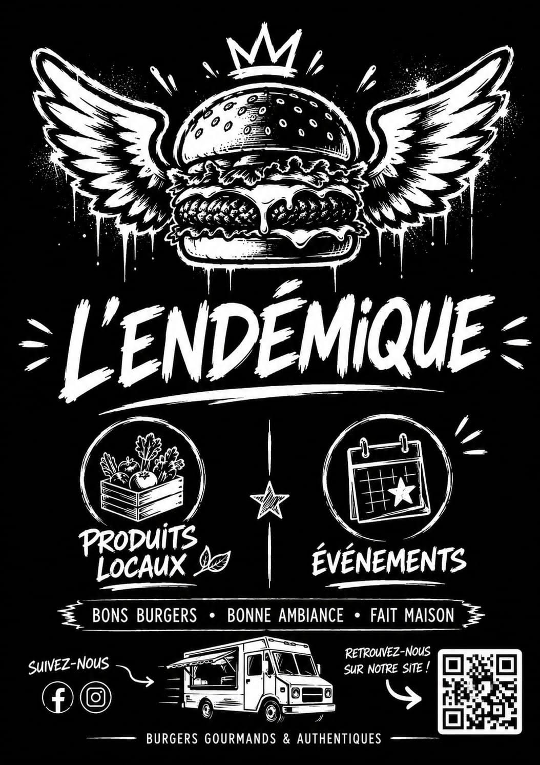 Affiche L'Endémique - Burgers gourmands et authentiques, produits locaux, événements, fait maison